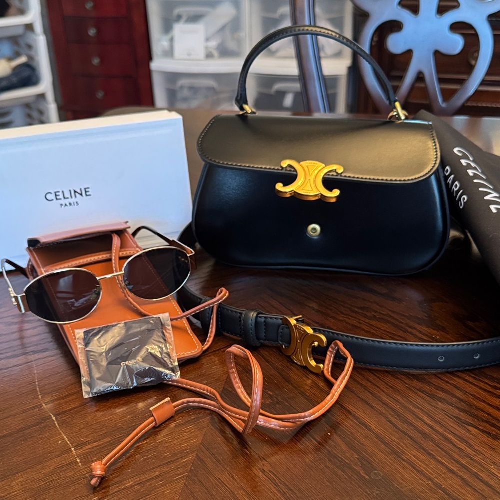 No brand small bag with belts and sunglasses. 
NO BRAND.